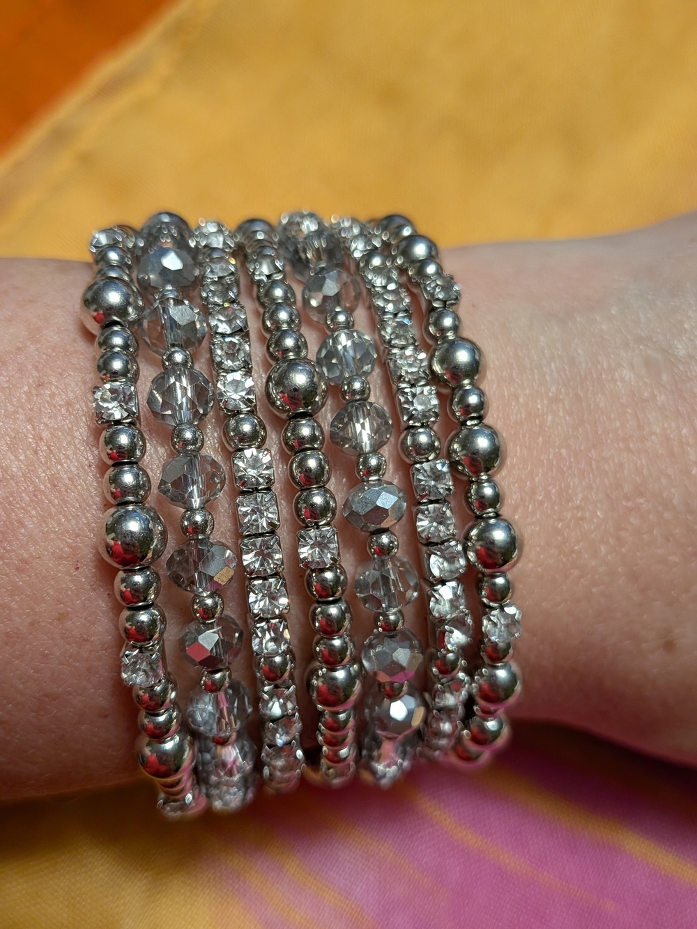 Silver Tone Rhinestone & Crystal Bead Multi-Row Coil Memory Wire Wrap Bracelet